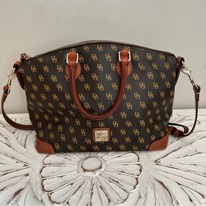 Dooney & Bourke Brown Monogram Satchel with Tan Leather Trim